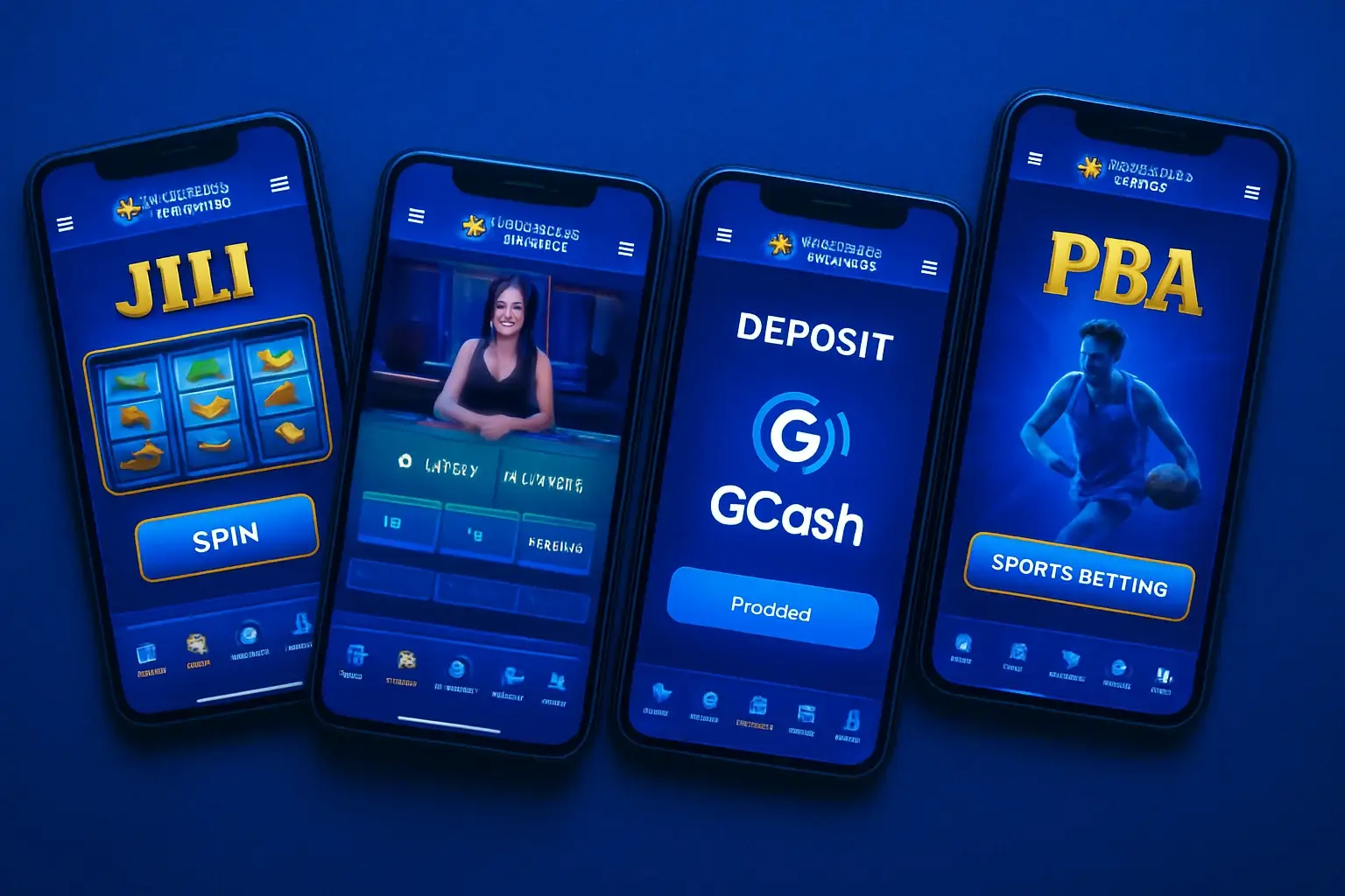 Multiple Android screens showing JILI slots, live baccarat, GCash deposit, PBA betting