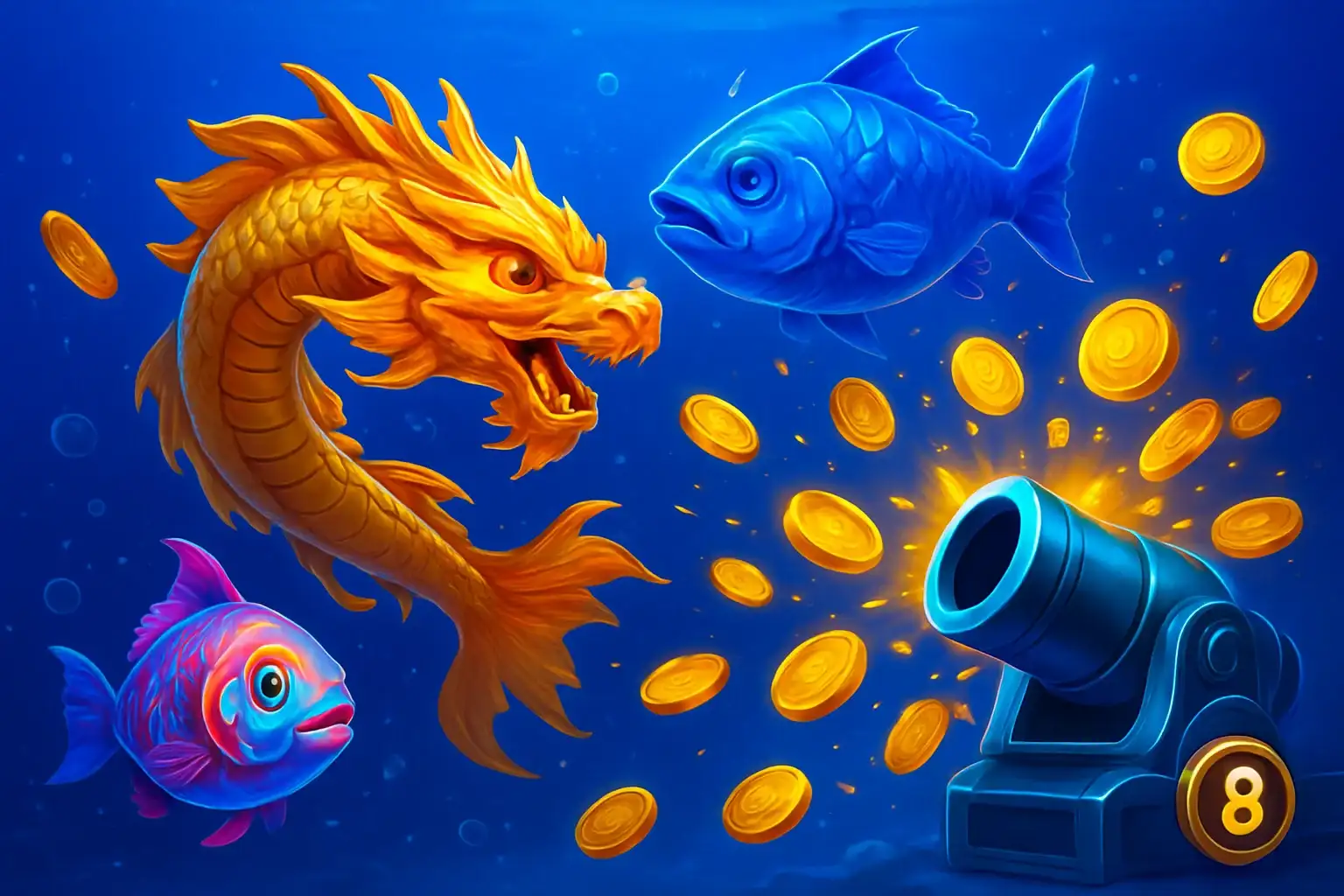 Vibrant Philippine casino fishing game with colorful fish and coin explosions