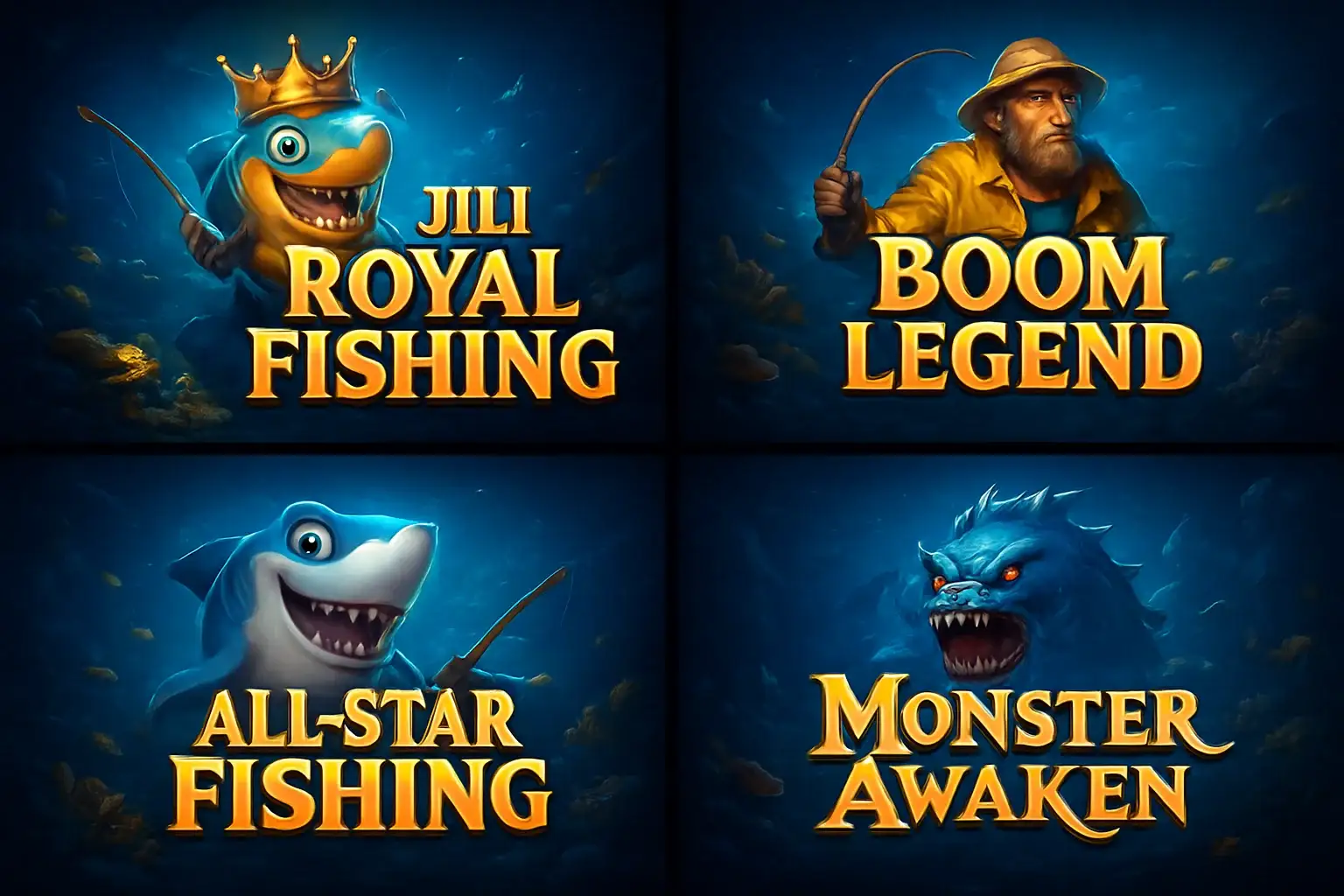 Grid of popular Philippine fishing game thumbnails in vibrant blue and gold