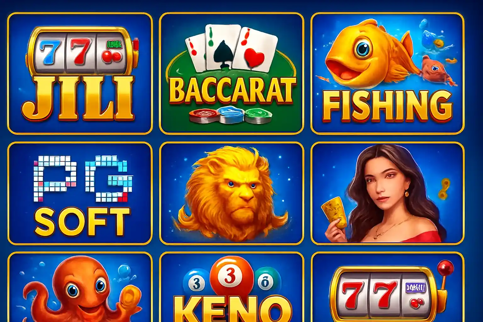Colorful grid of Philippine casino game thumbnails with blue and gold UI