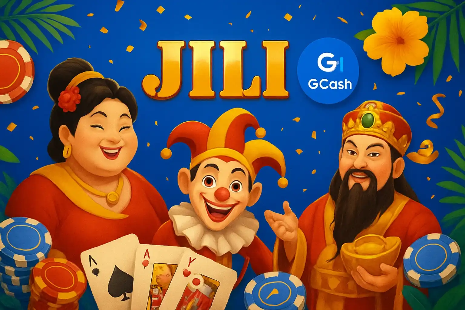 Vibrant Philippine online casino hero banner with JILI characters and GCash badge