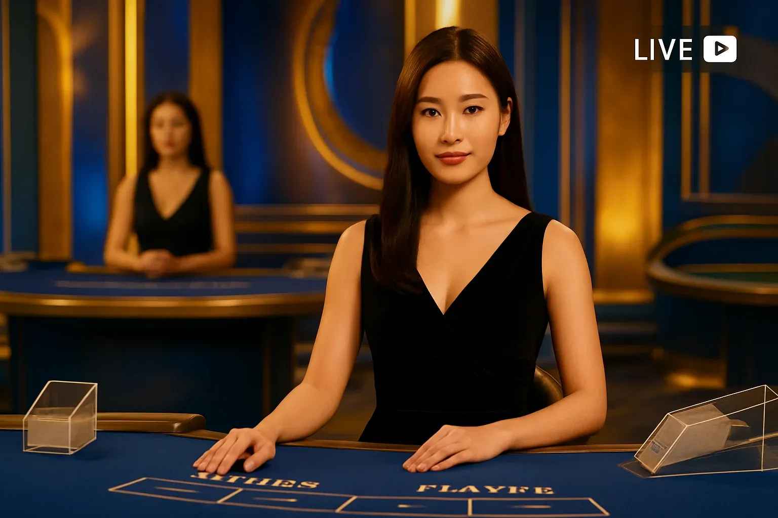 Elegant live casino studio with Asian dealers, baccarat and blackjack tables