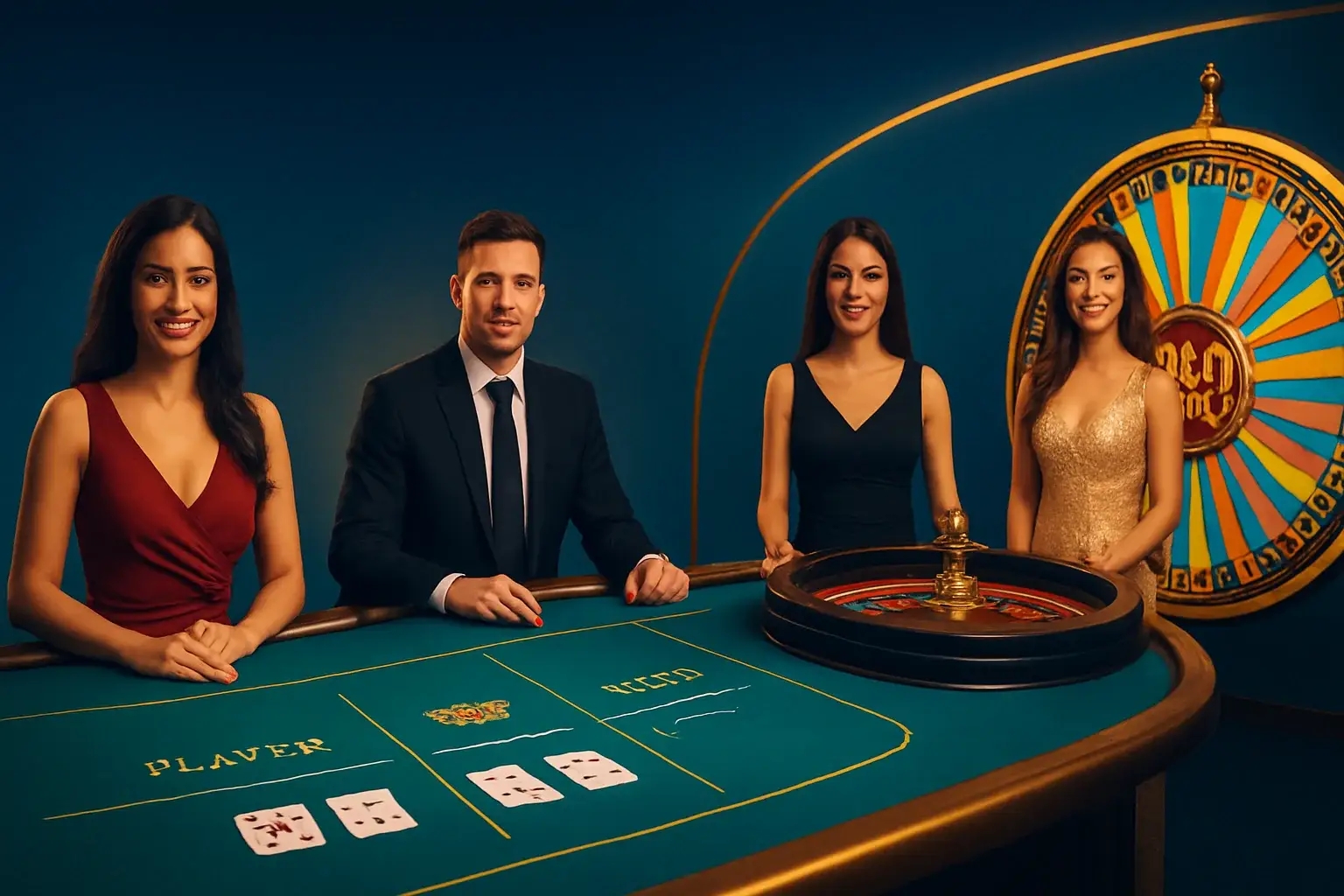 Live casino game cards with dealers, baccarat, roulette, Crazy Time wheel