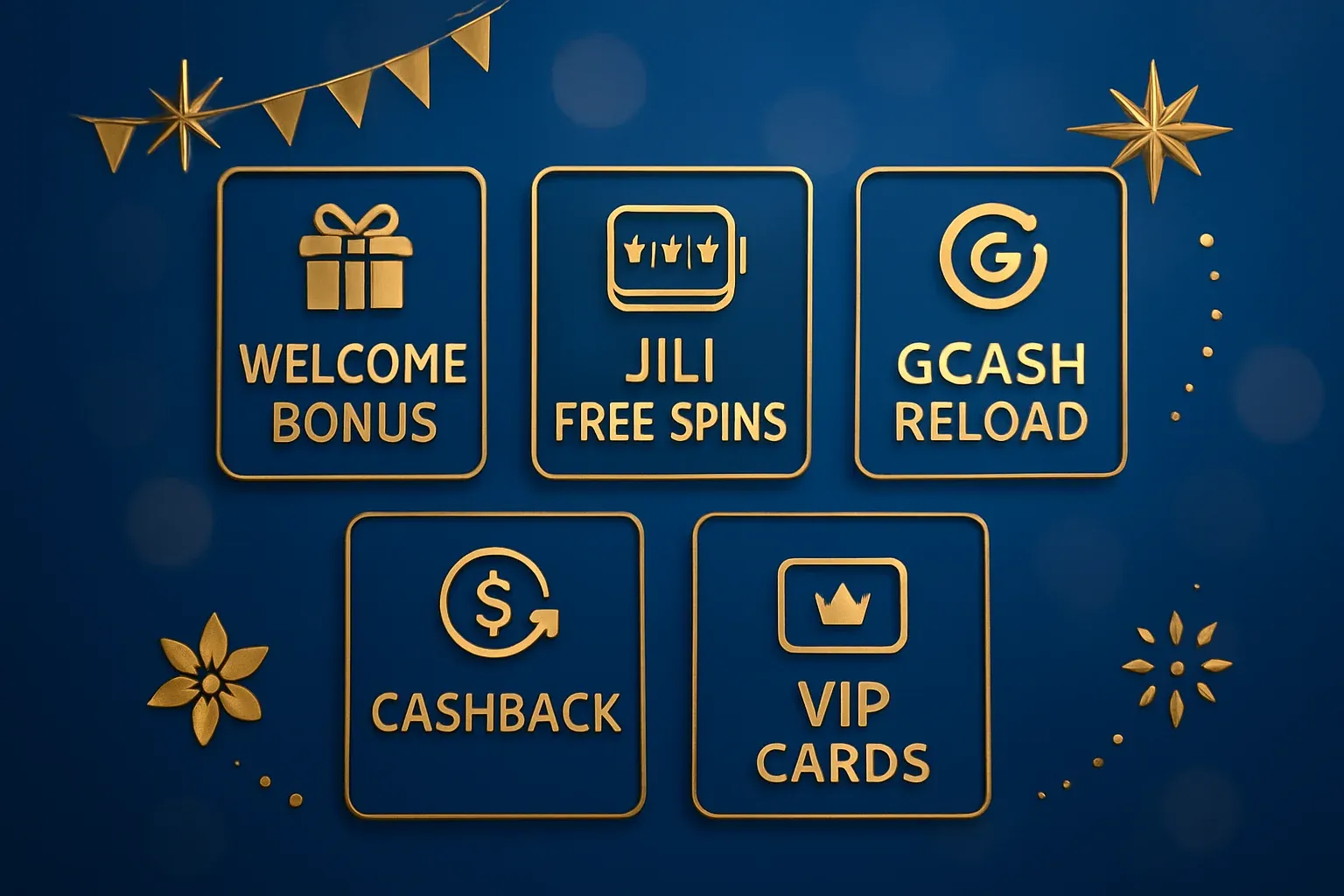 Welcome bonus, JILI free spins, GCash reload, cashback and VIP cards display