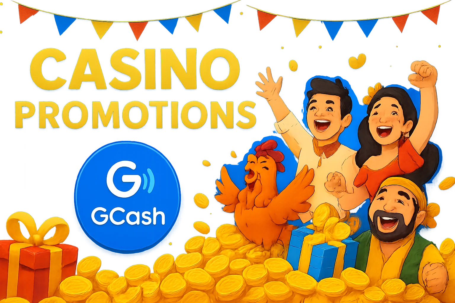 Philippine casino promotions banner with GCash badge, JILI characters, gold coins