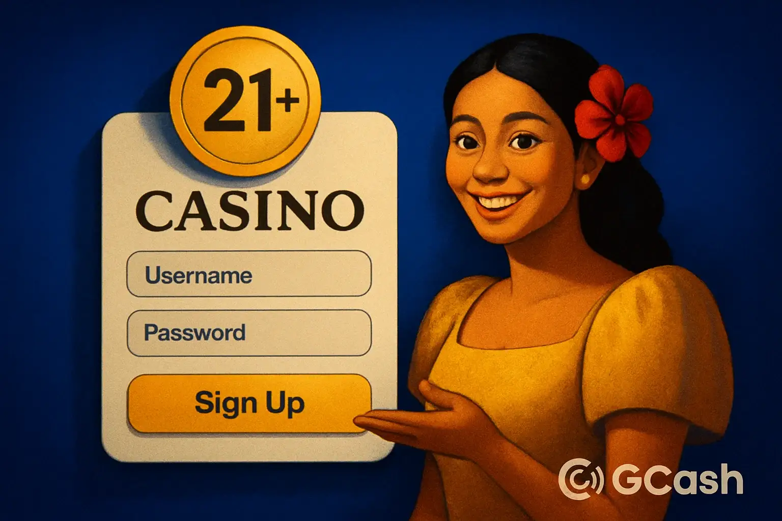 Philippine casino registration illustration with GCash logo and gold 21+ badge