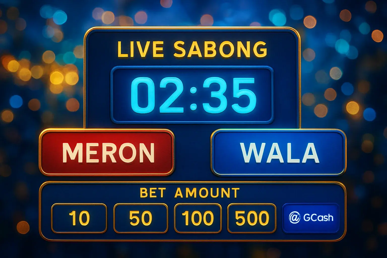 Live sabong countdown timer with Meron vs Wala betting panel and GCash badge
