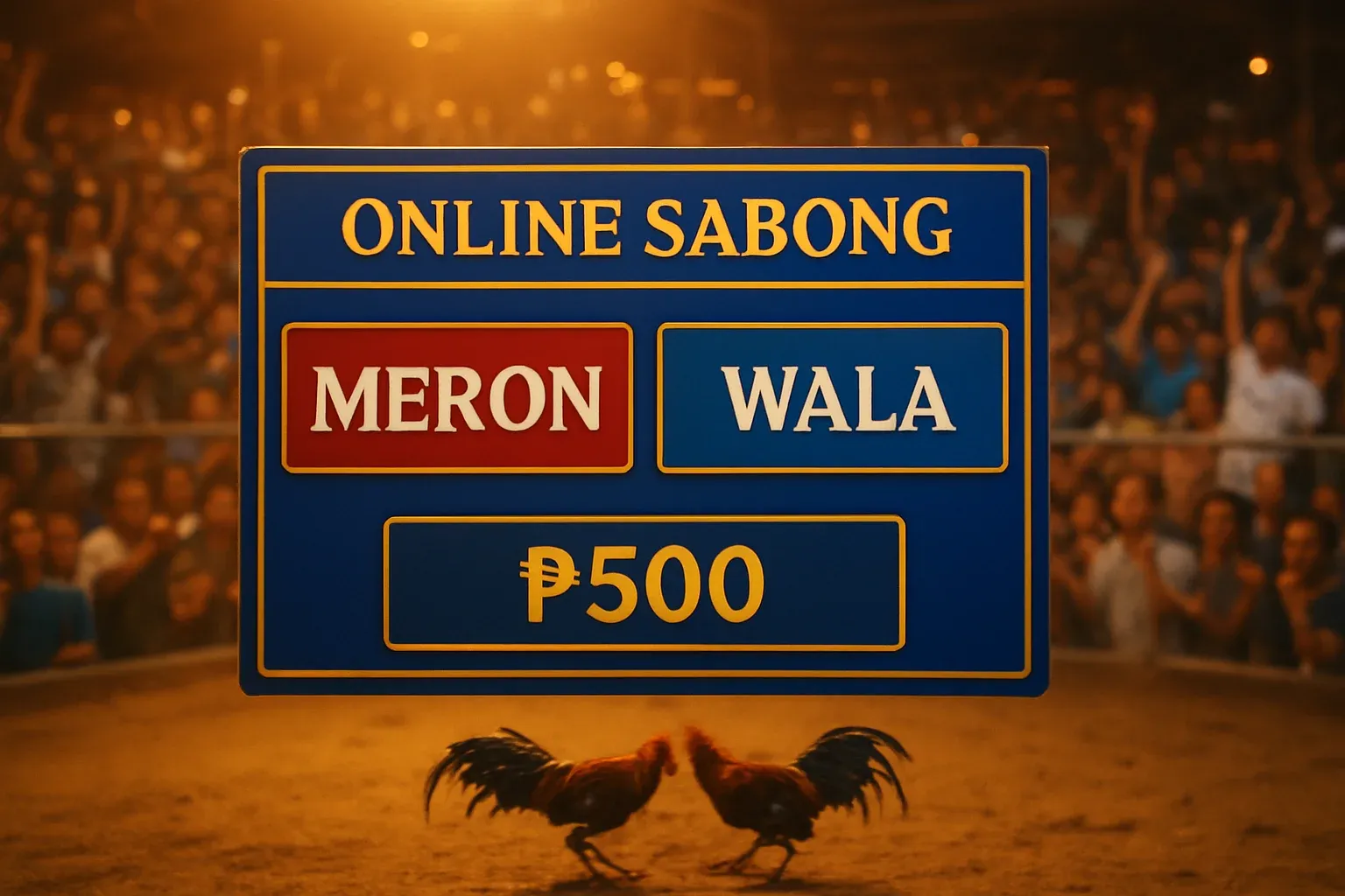 Philippine online sabong betting interface with Meron and Wala panels in blue and gold