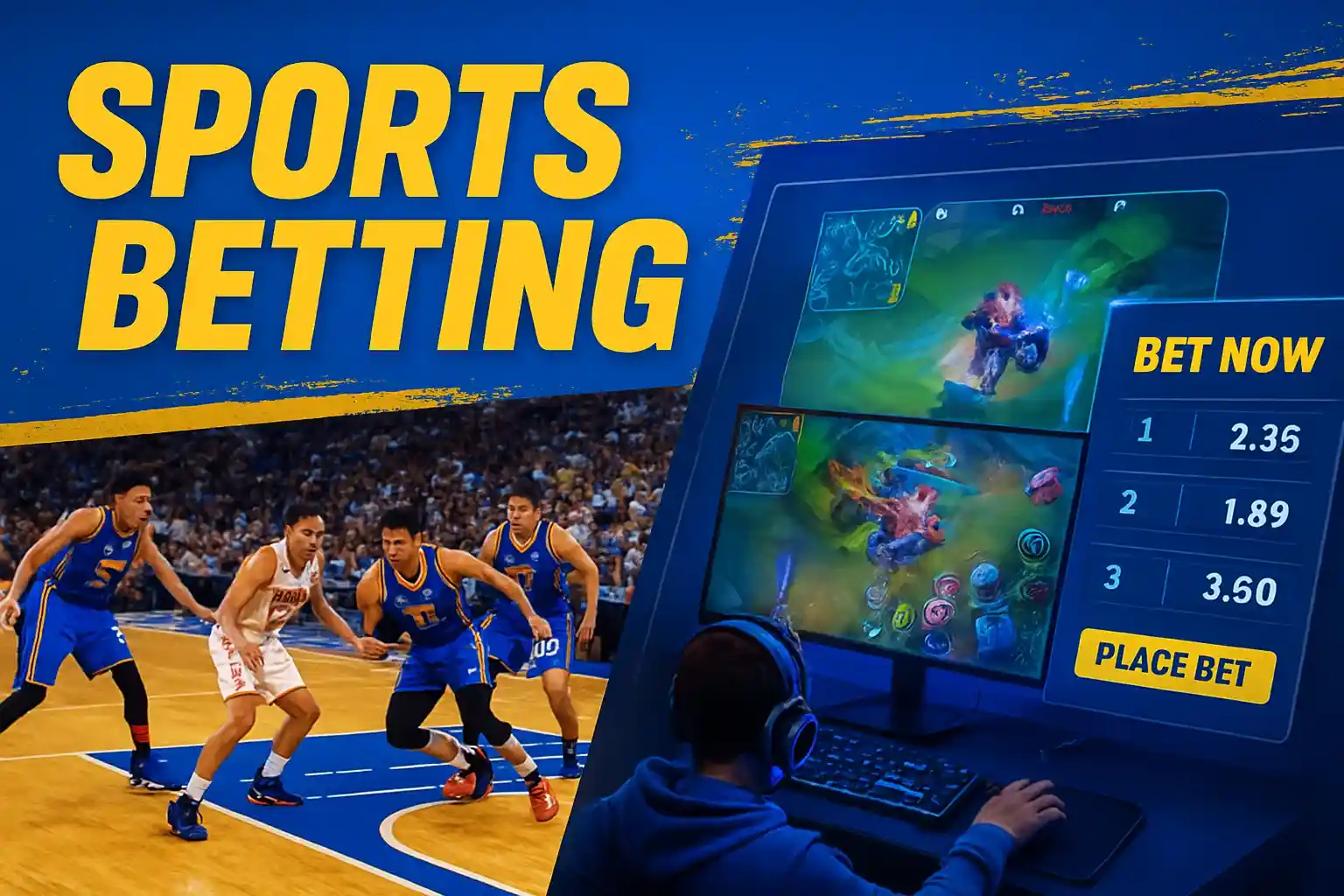 Dynamic Philippine sports betting banner with PBA action and Mobile Legends overlay